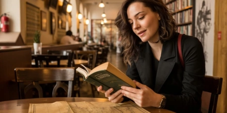 A female tour guide studying a book in a library setting, representing deep historical knowledge and academic background.