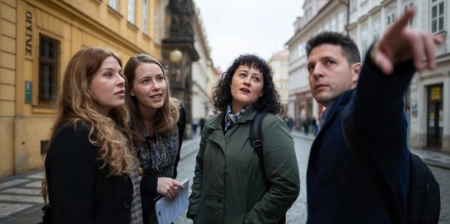 Male tour guide pointing out historical details to a small group of engaged visitors on a cobblestone street in Prague.