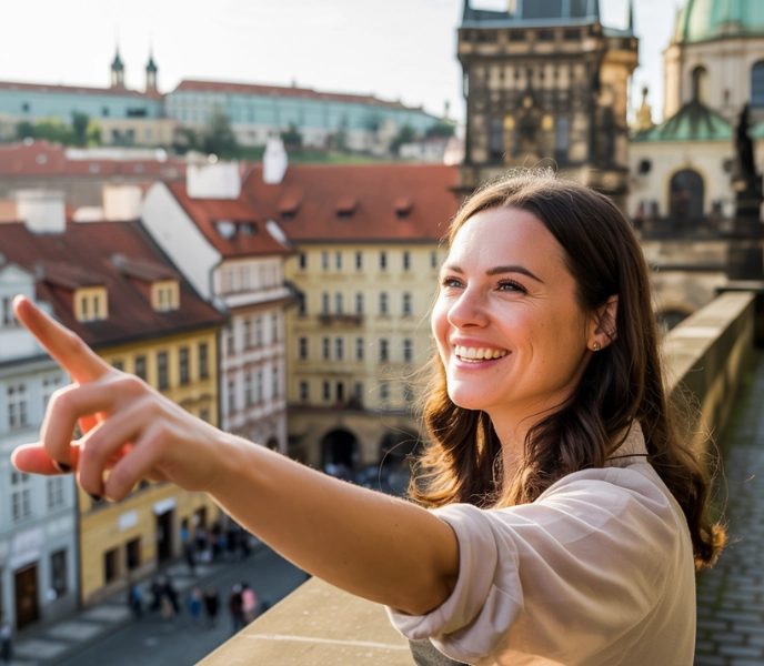Smiling local tour guide pointing at historical landmarks with a view of Prague's red rooftops and architecture in the background.