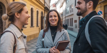 Smiling female guide holding a notebook while having a friendly conversation with a couple during a private walking tour.